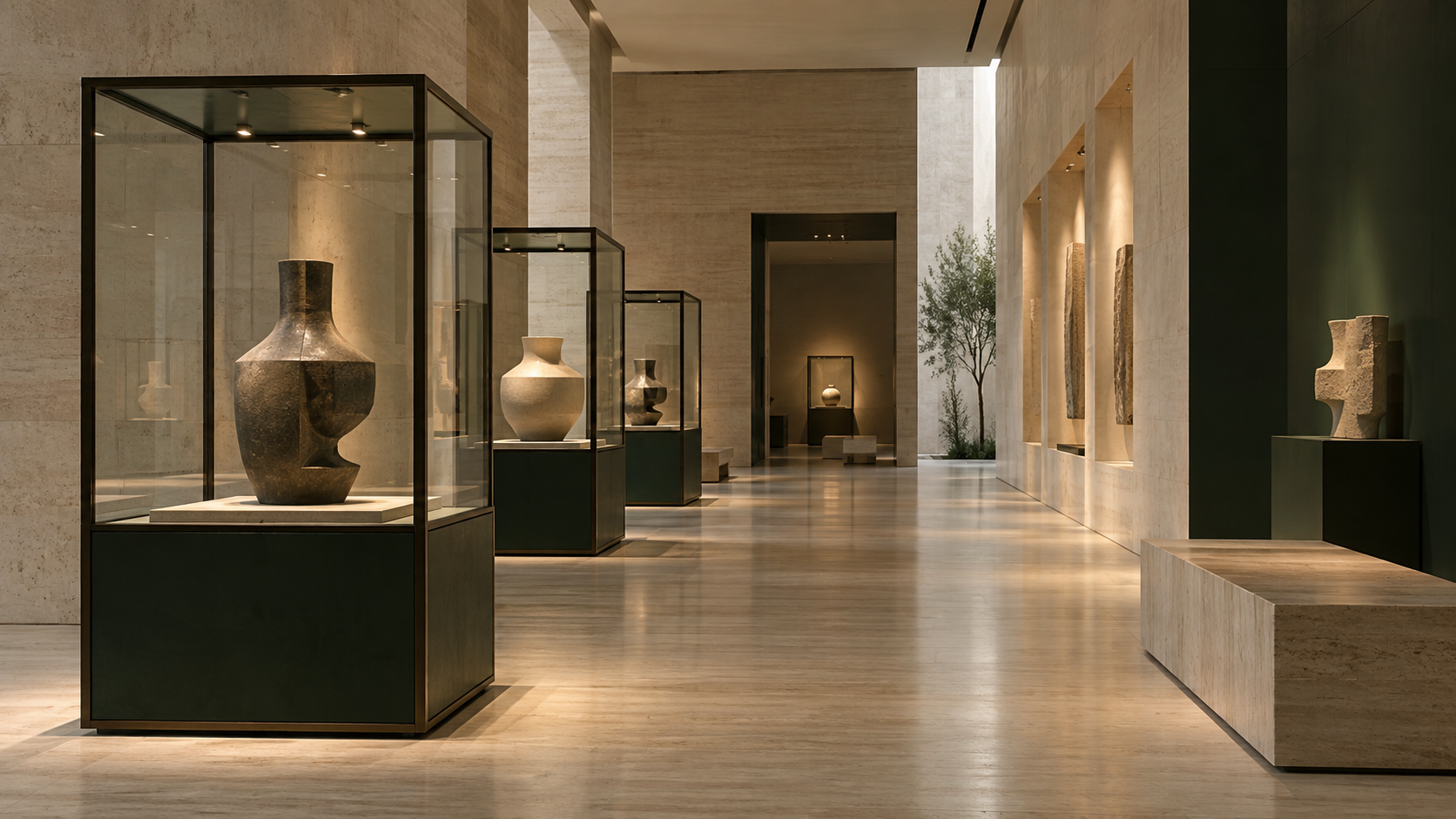 现代博物馆展厅概念视觉：玻璃展柜、暖色重点照明与简洁的空间层次